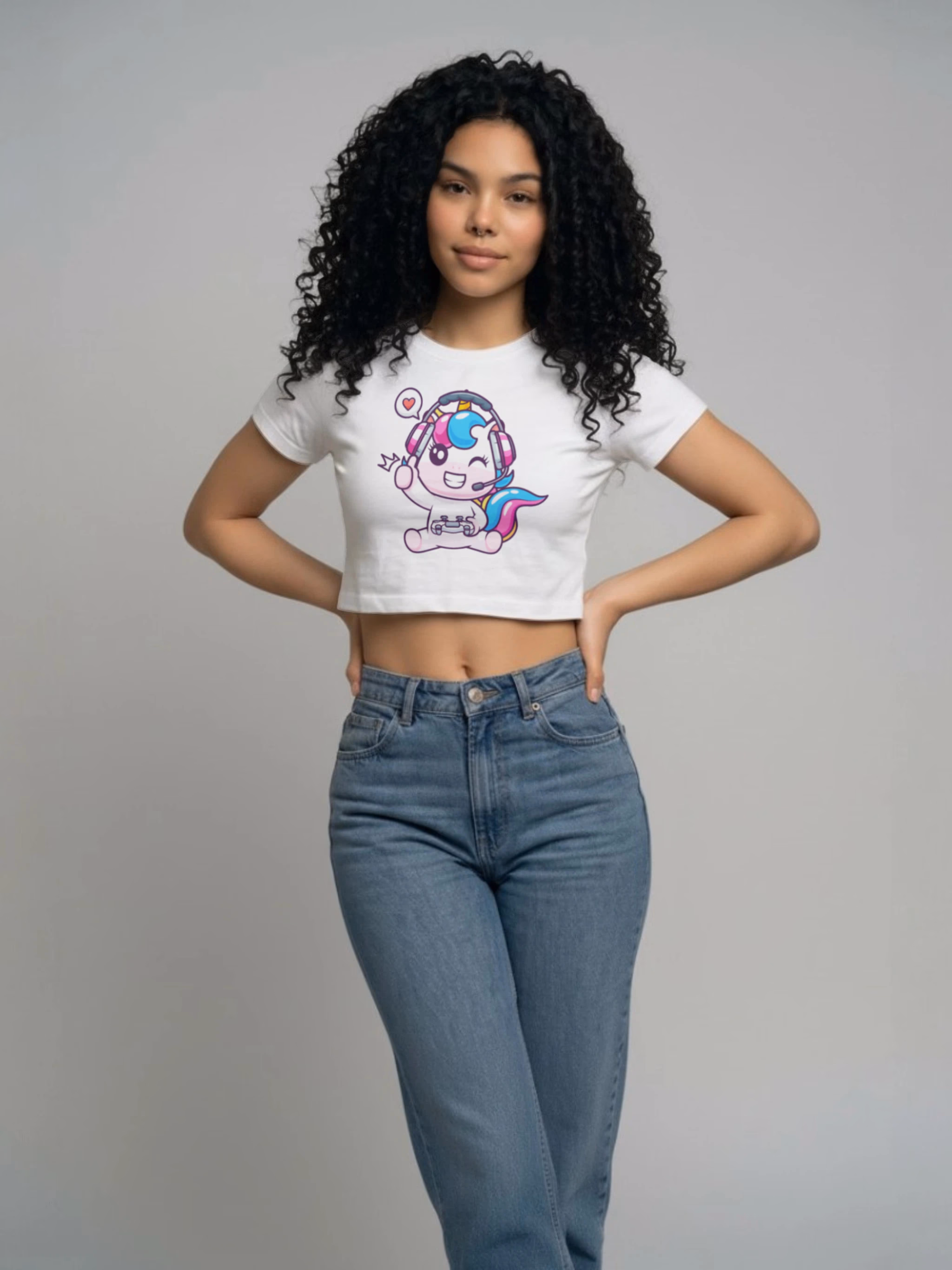 Crop Top Negro Unicornio Gamer Kawaii - Playera Corta para Mujer