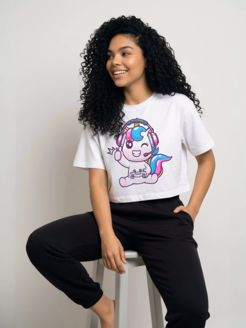 Top Oversize Blanco Unicornio Gamer Kawaii - Camiseta Crop Mujer 2