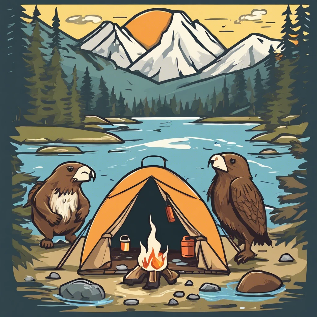 Image generated from hiking, water, forest, mountains, snow, sun, tent, campfire, beaver, eagle, fishing