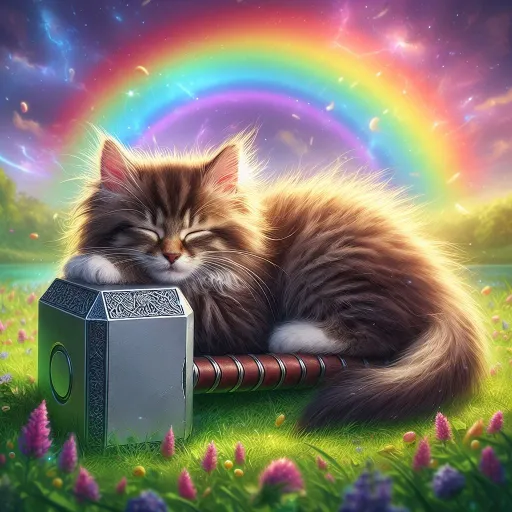 Image generated from Cute cat with Mjølner hammer