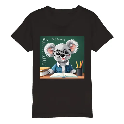En meget sød koala bjørn med briller der sidder i skolen og kigger på tavlen