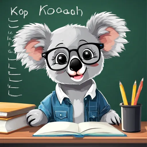 Image generated from A very cute koala bear with glasses sitting at school and looking at the blackboard