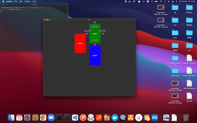 tkinterで使われる、packのpadx, pady設定画像