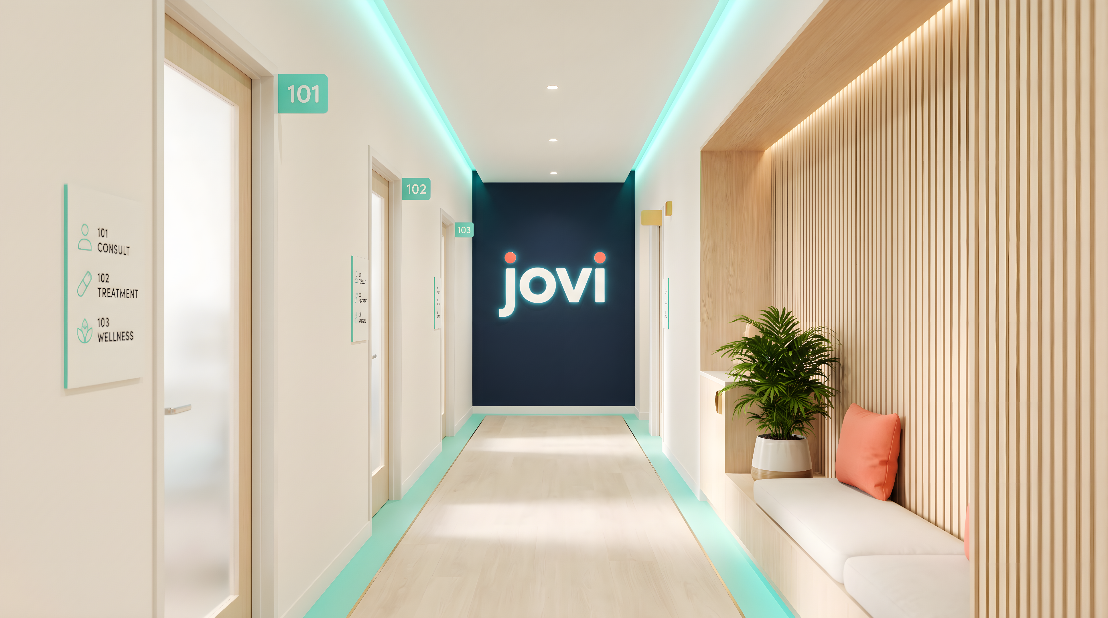 A bright, calming hallway inside a Jovi Clinic