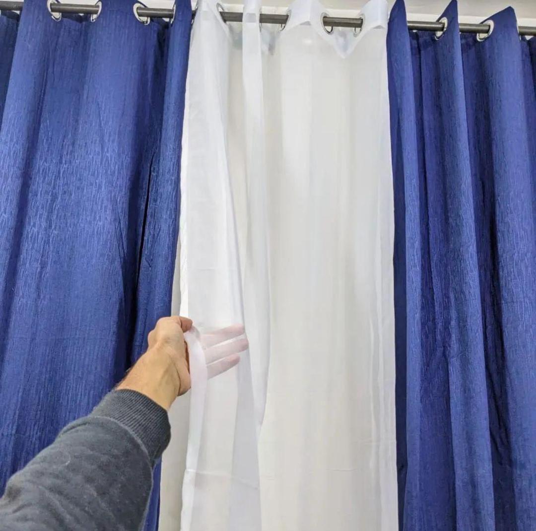 Navy Blue & White Dual-Layer Window Curtains – Blackout and Sheer Set with Eyelets