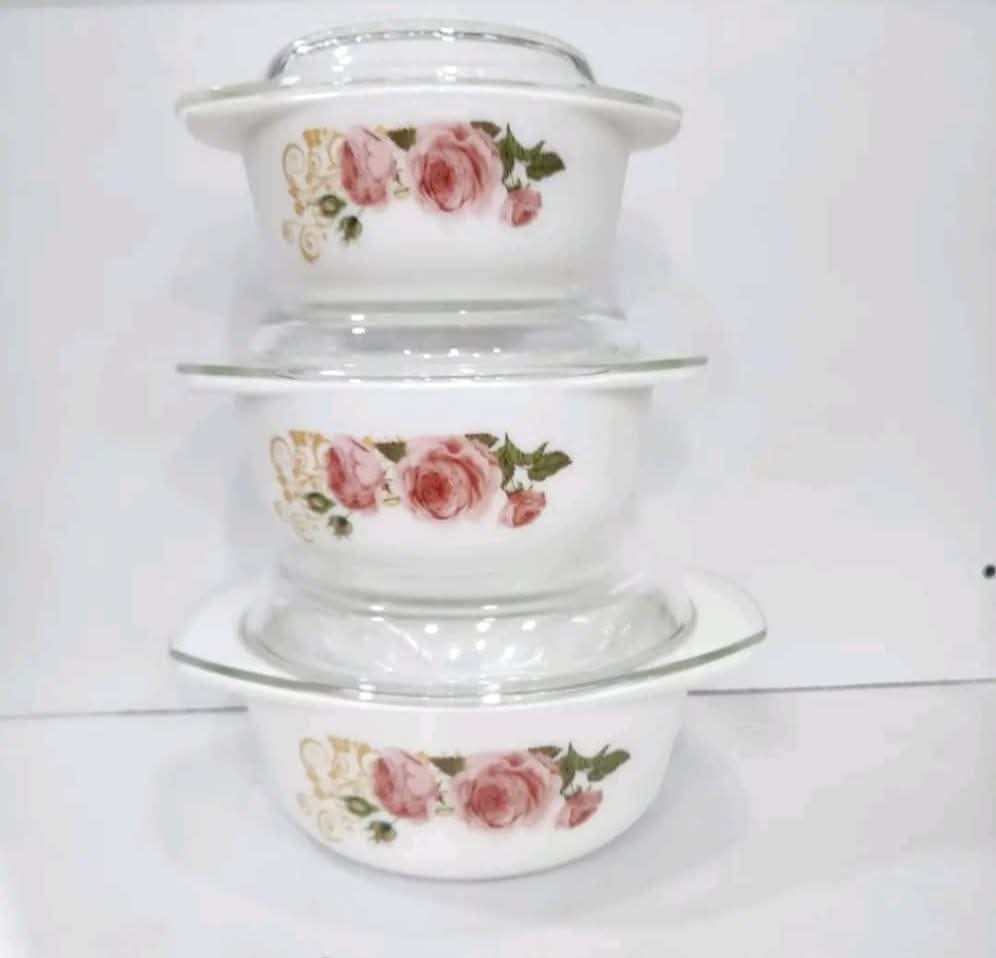 3‑Piece Vintage Rose Opal‑Glass Casserole Set with Clear Lids