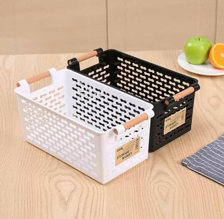  Multipurpose Plastic Storage Basket with Wooden Handles – Set of 2 (Black & White)
