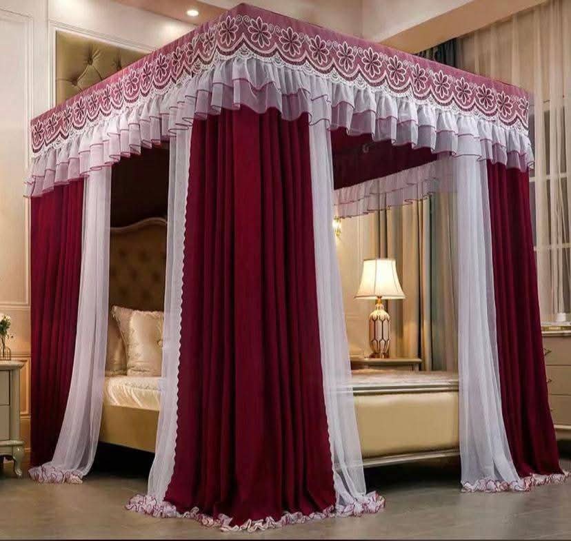 Burgundy Luxury 4-Poster Canopy Bed Curtains with Embroidered Valance