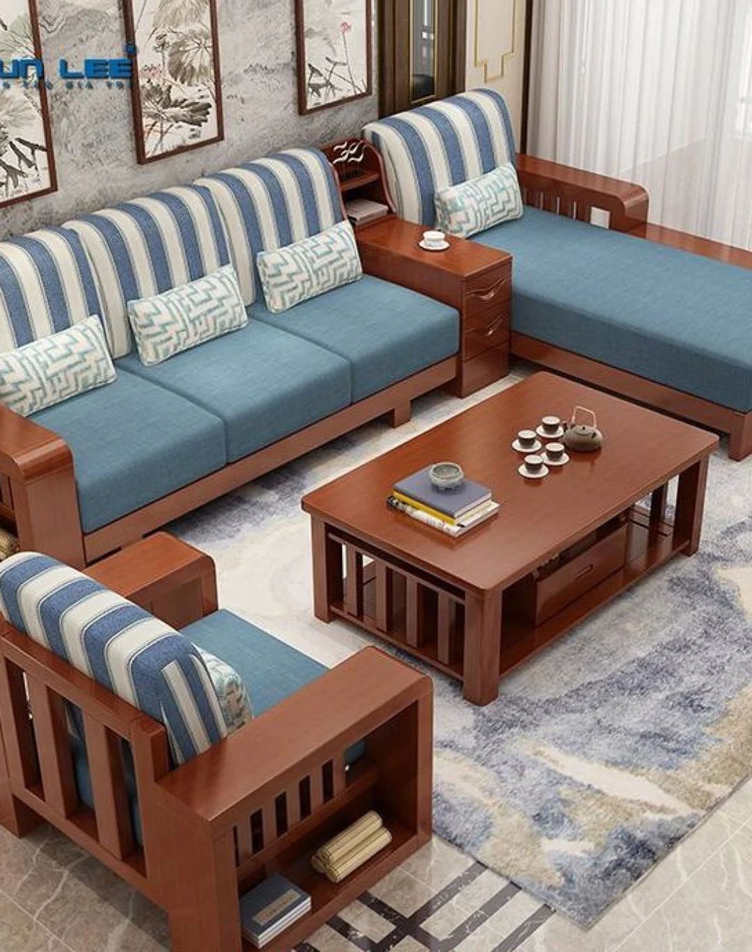 Leonard 7 seater wooden L sofa set