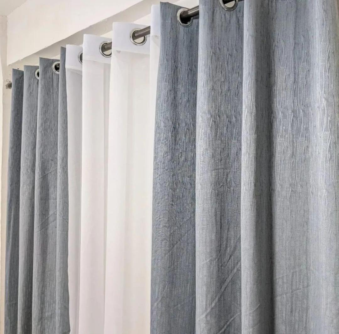 Navy Blue & White Dual-Layer Window Curtains – Blackout and Sheer Set with Eyelets thumbnail 2