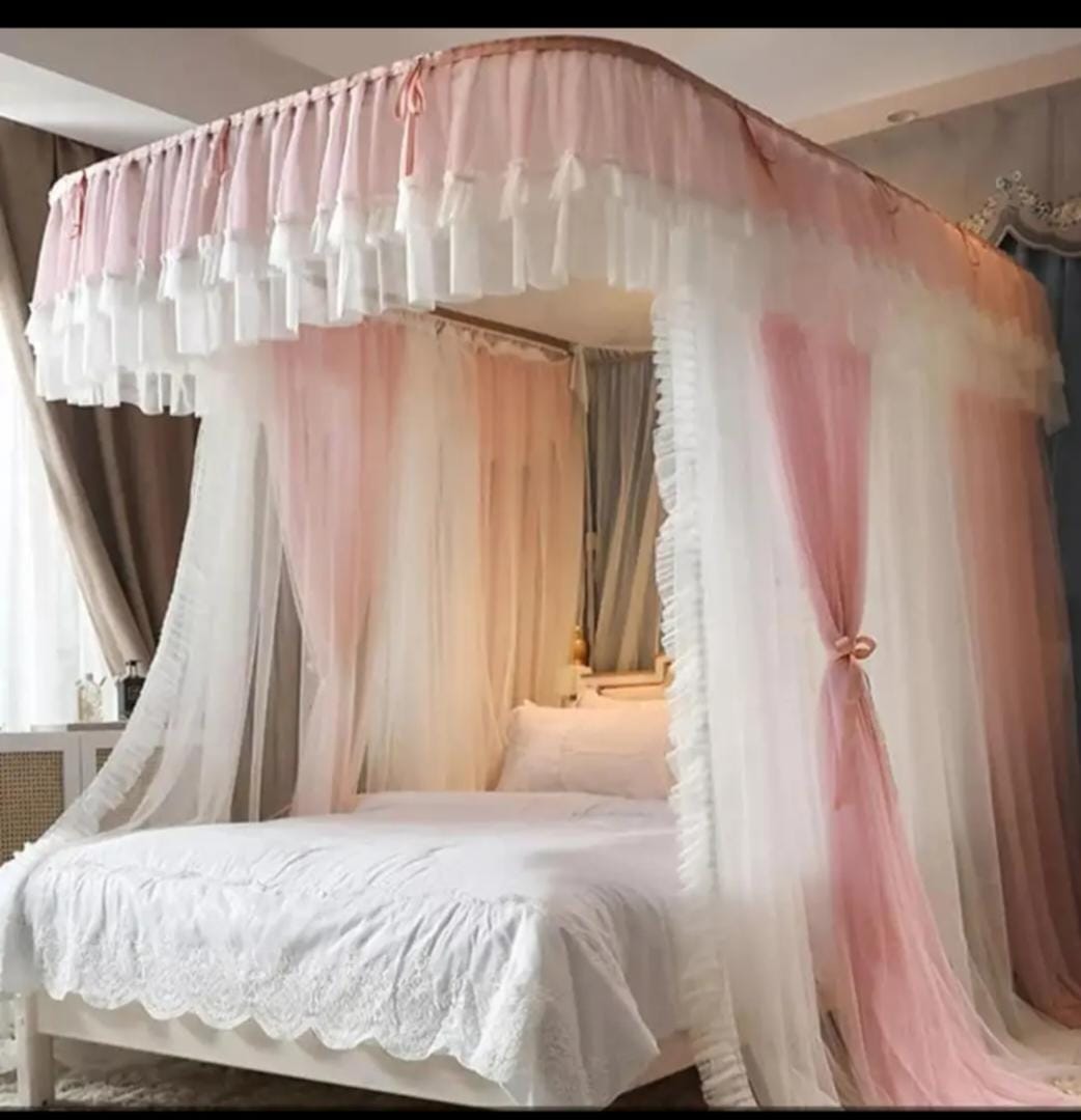 Deluxe 4-Post Canopy Mosquito Net – Blush Pink & White