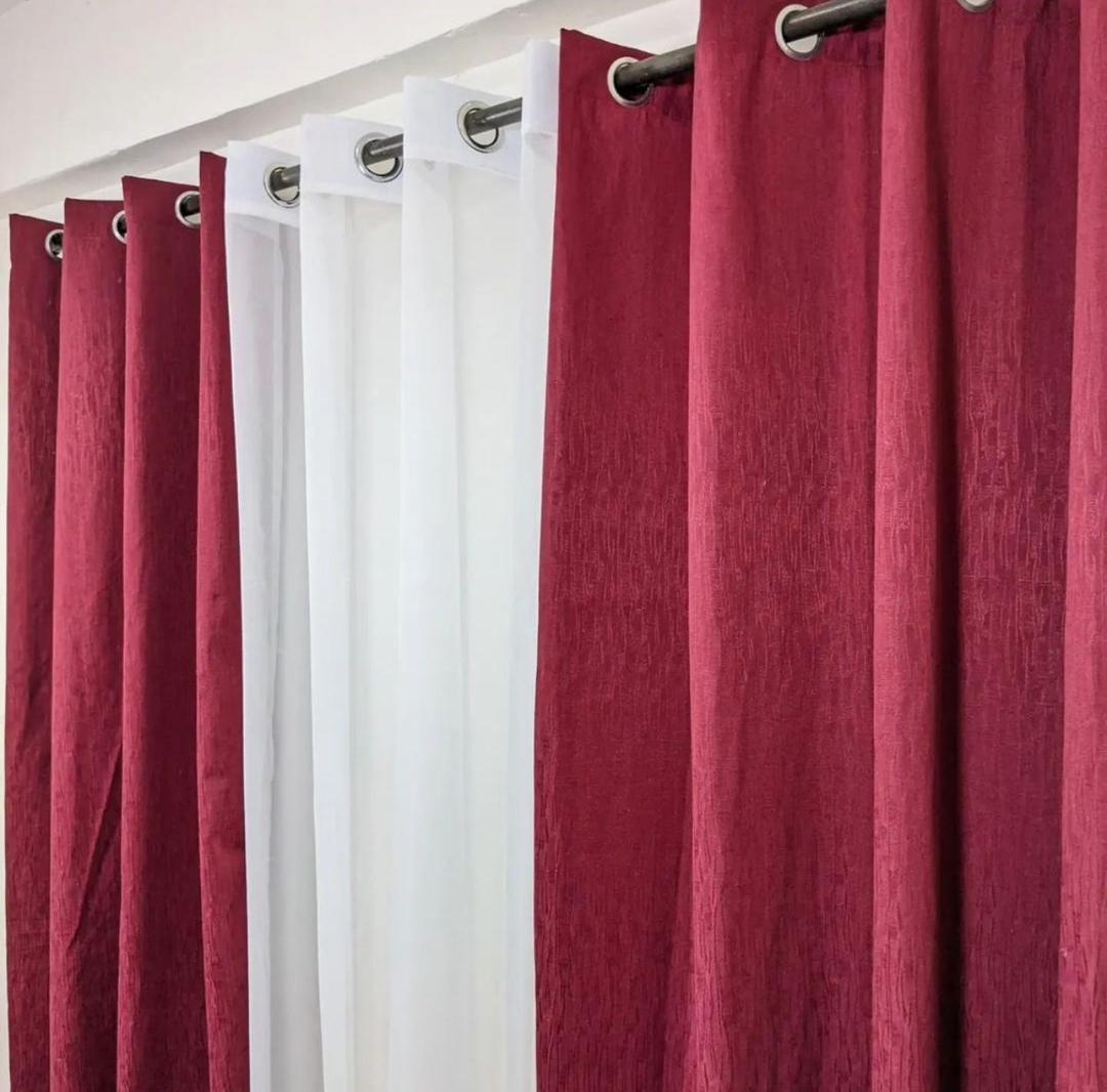 Modern Dual-Layer Eyelet Window Curtains – Maroon Blackout Panels with White Sheer Liners (Set of 4)