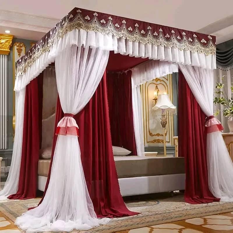  4-Post Luxury Mosquito Net Canopy – Burgundy & White thumbnail 2