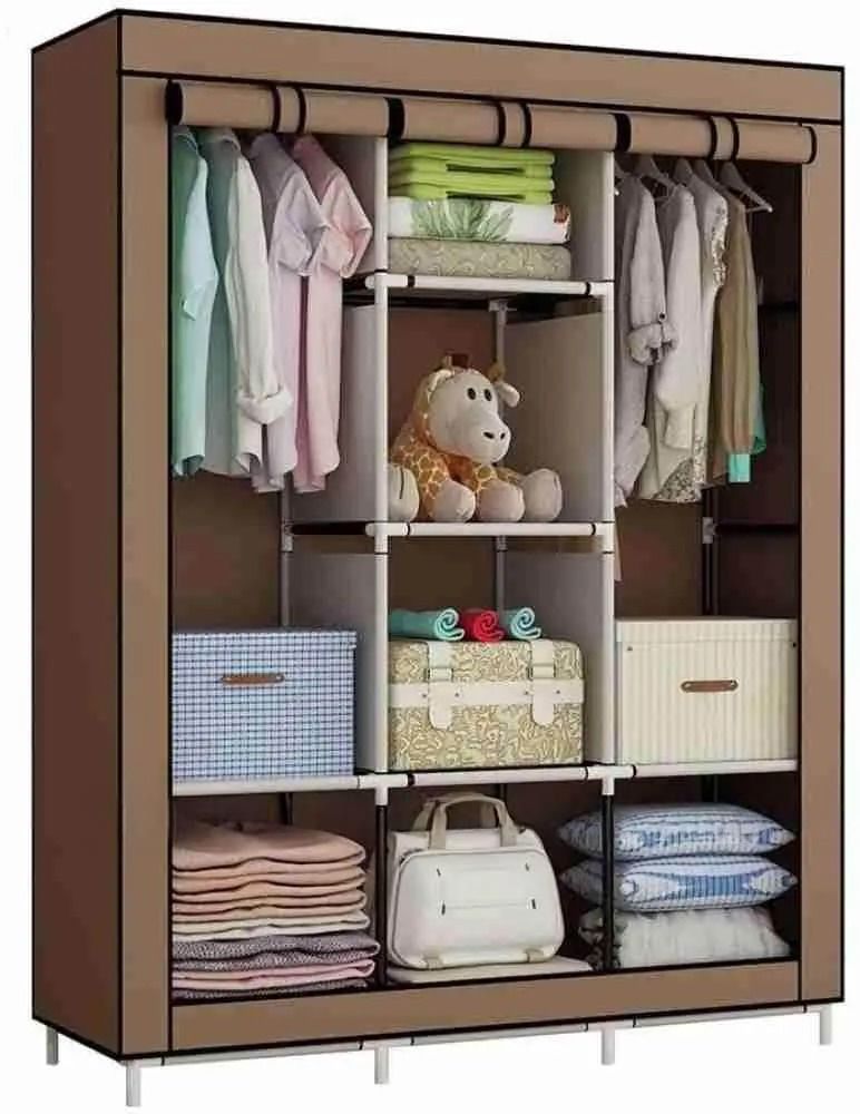  Deluxe Portable Fabric Wardrobe – Dual Hanging Rods & 8 Modular Shelves (Khaki Brown)