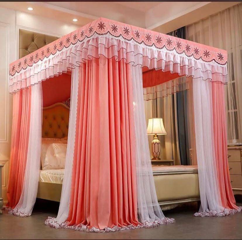  Peach Pink 4-Poster Luxury Canopy Bed Curtains with Floral Embroidered Valance and White Sheer Drapes