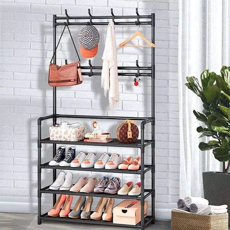 5-Tier Multifunctional Shoe Rack with Coat Hooks and Storage Organizer