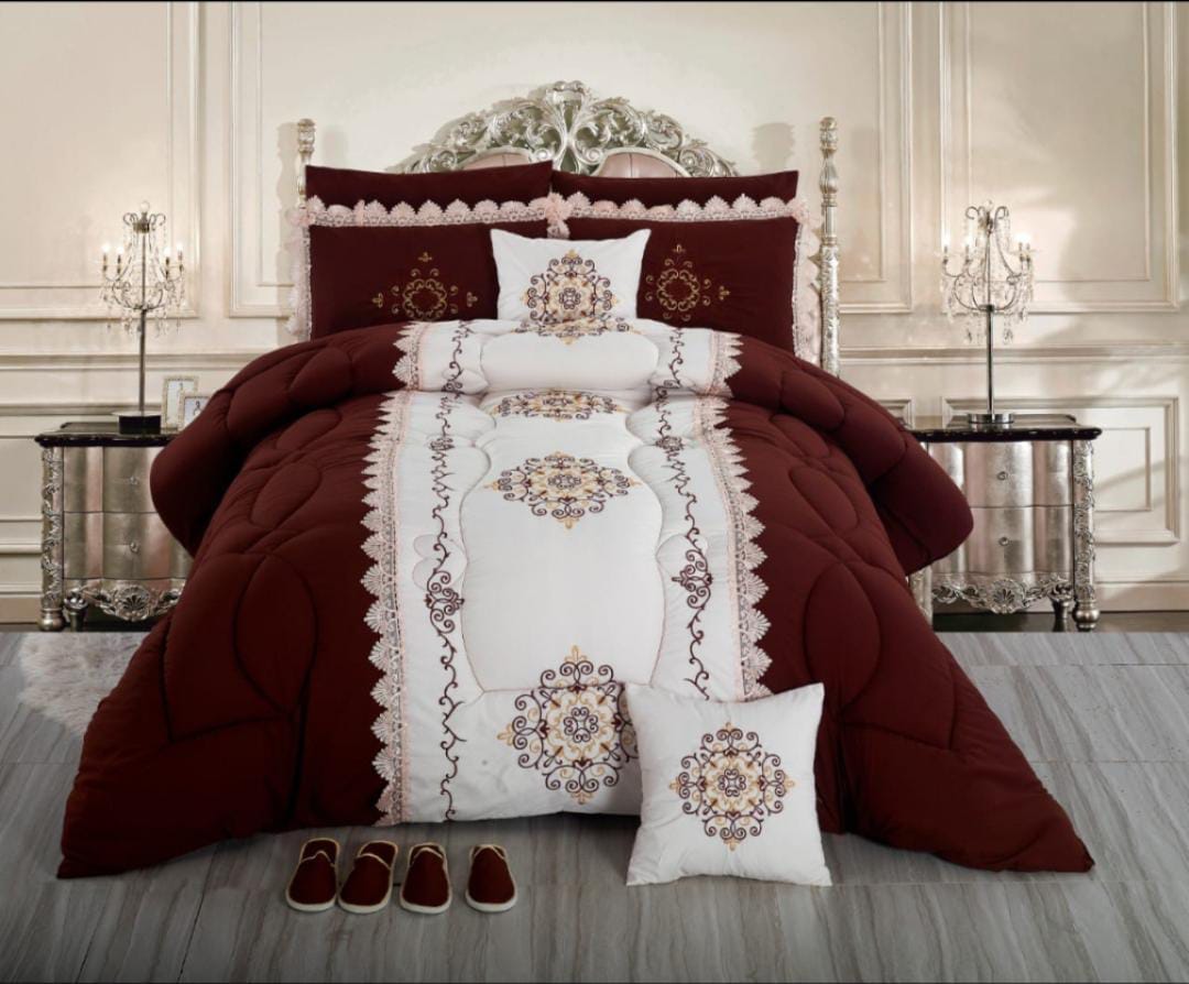 Royal Luxe 9-Piece Embroidered Cotton Bedding Set – Maroon & White