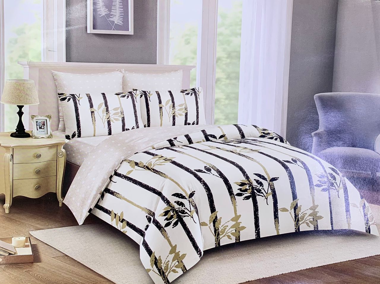 Modern Botanical Stripe Duvet Cover Set – Queen Size (6-Piece Set)