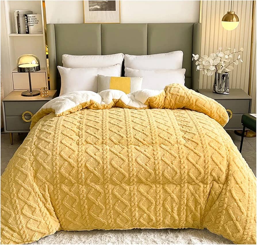 Home Sherpa-Backed Plush Comforter Set – Golden Yellow