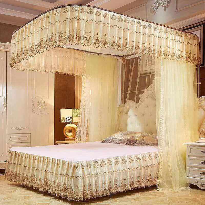 Golden Luxury Bed Canopy Set – Full 4-Sided Mosquito Net with Embroidered Valance and Matching Skirt thumbnail 2