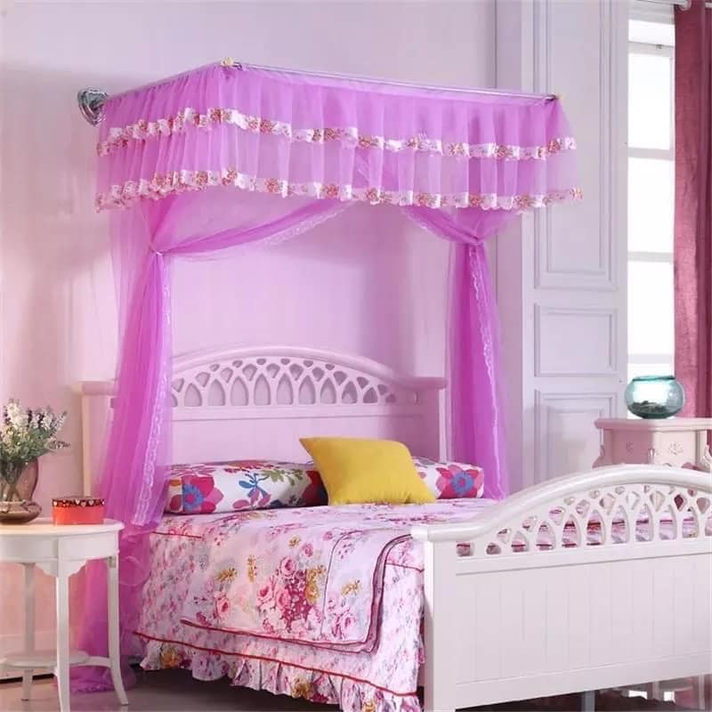  Elegant Wall-Mounted Canopy Mosquito Net – Pink Floral Trim
