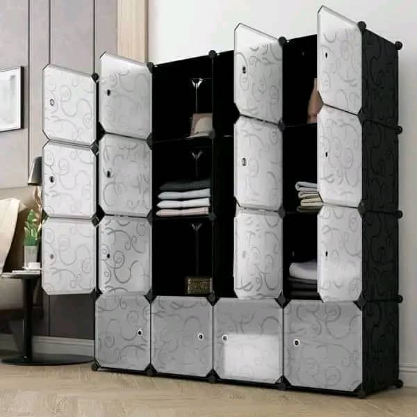  16-Cube Modular Wardrobe Cabinet with Dual Hanging Sections – Black/White Swirl