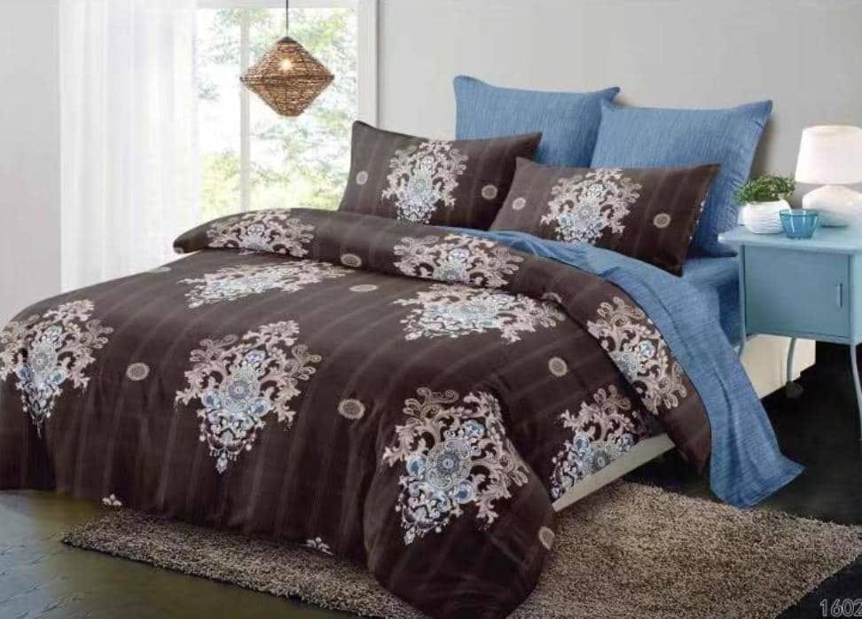 6-Piece Premium Cotton Duvet Set – Chocolate Brown & Blue Royal Pattern