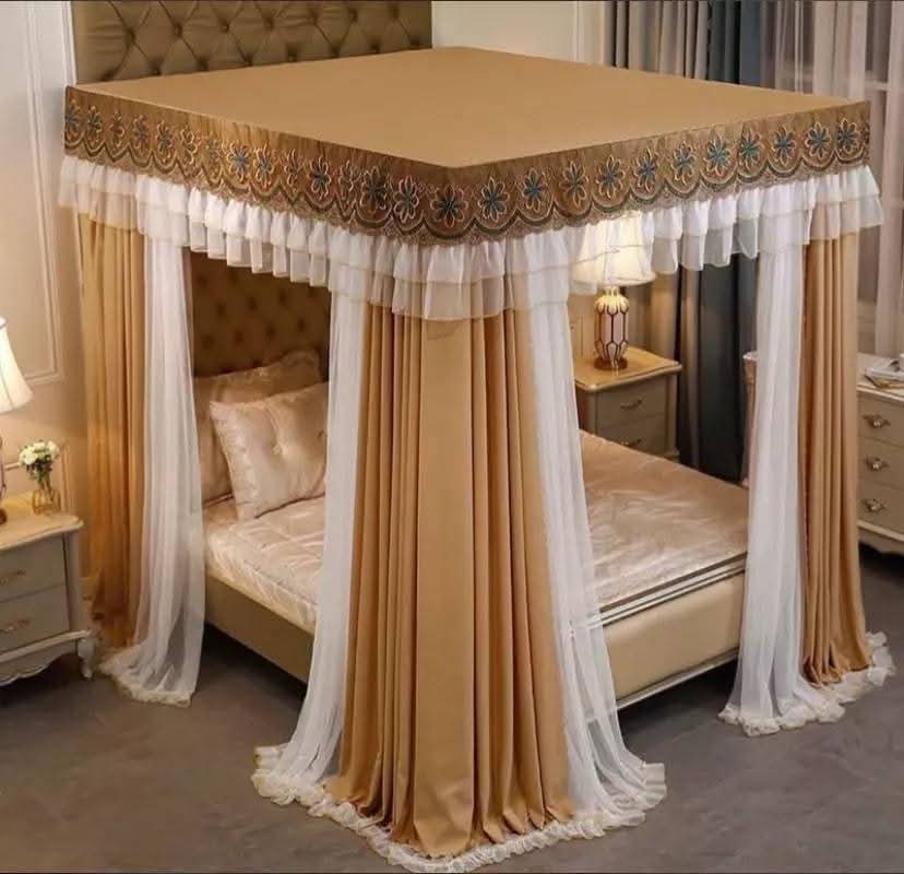  Gold 4-Poster Luxury Canopy Bed Curtains with Embroidered Valance & Sheer Panels thumbnail 2