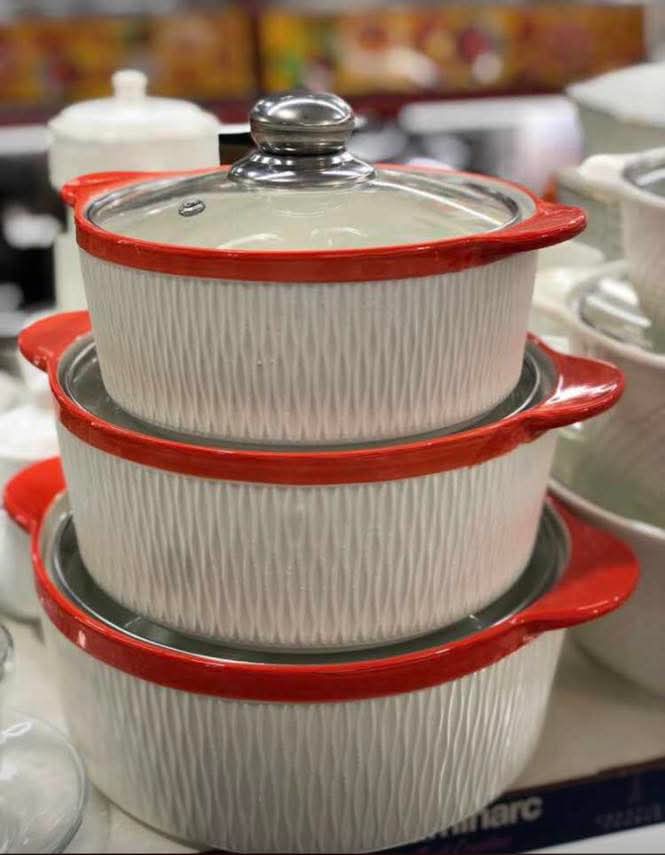 3‑Piece Red‑Edge Ceramic Casserole Set with Glass Lids