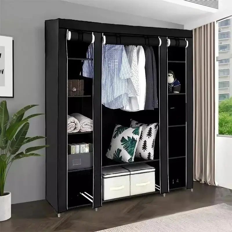 Premium 3-Section Portable Fabric Wardrobe with Hanging Rods and Storage Shelves – Black