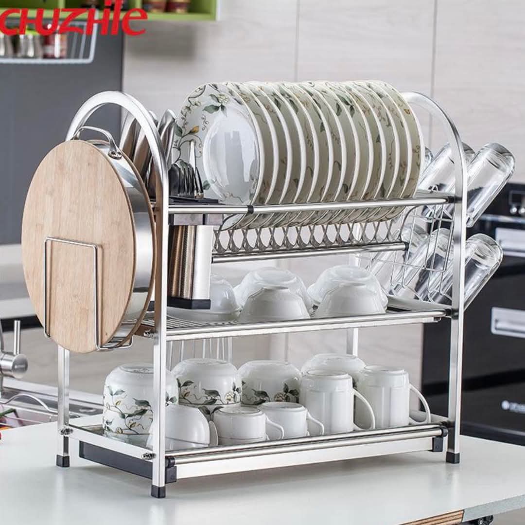  3-Tier Stainless Steel Dish Drying Rack with Utensil Holder, Cup Stand, and Cutting Board Slot thumbnail 2