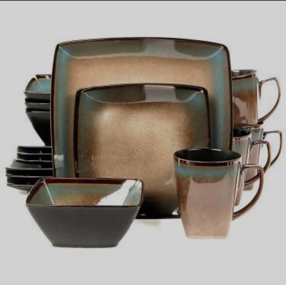  16‑Piece Rustic Square Stoneware Dinnerware Set
