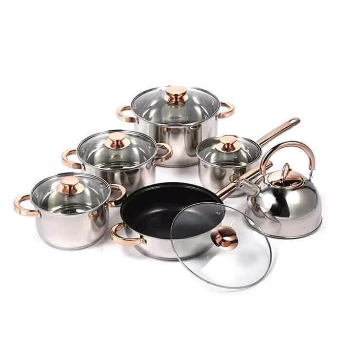 11‑Piece Stainless‑Steel Cookware & Kettle Set – Copper‑Tone Handles