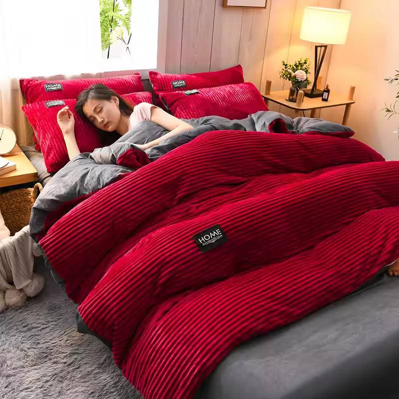 Velvet Ribbed Corduroy Duvet Cover Set – Queen Size (6-Piece Set)