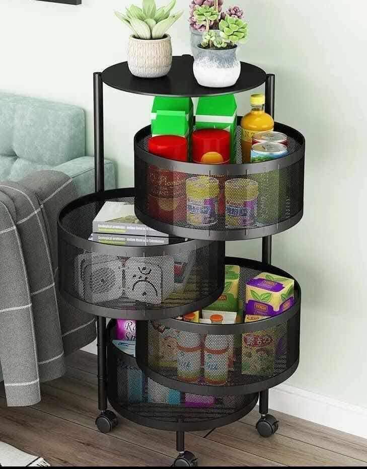 4-Tier Rotating Mesh Storage Trolley with Wheels – Black thumbnail 2