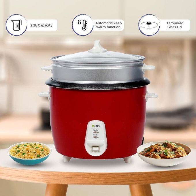 SPJ 2.2 Liter Electric Rice Cooker With Steamer, Stainless Steel Lid, Non-Stick Aluminium Inner Pot, Automatic Keep Warm Function- Red  thumbnail 3