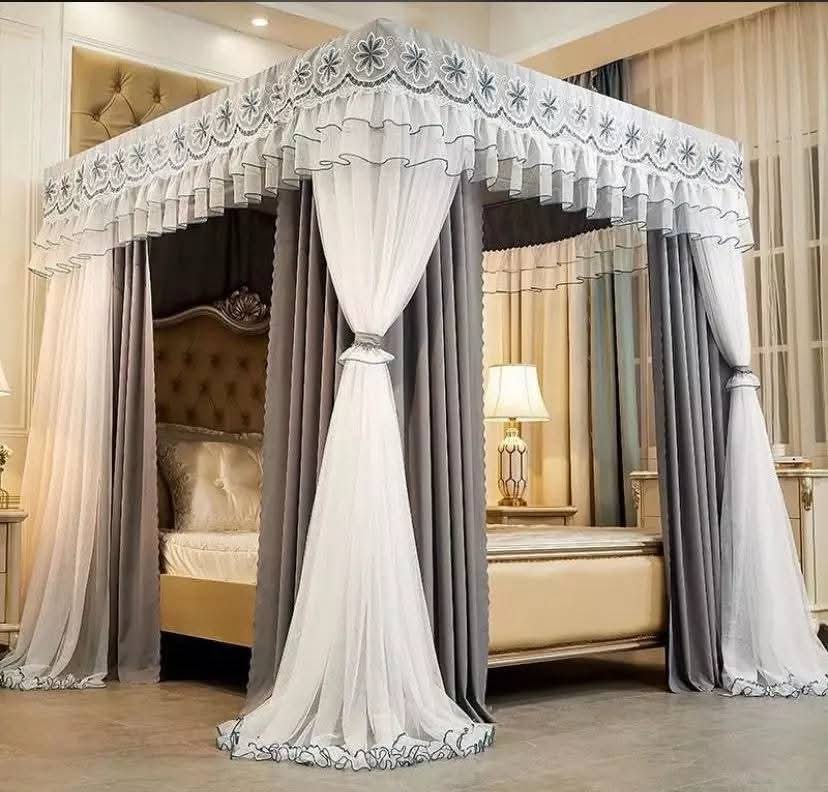 Luxury 4-Poster Canopy Bed Curtains with Embroidered Valance – Elegant Mosquito Netting & Privacy Drapes thumbnail 2