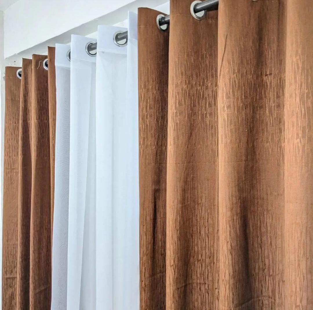  Coffee Brown & White Dual-Layer Eyelet Window Curtains – Blackout & Sheer Set