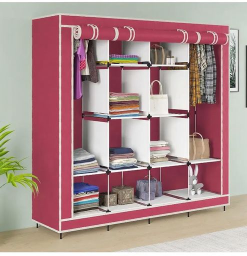  XL 12-Cube Portable Fabric Wardrobe with Twin Hanging Rails – Burgundy Red