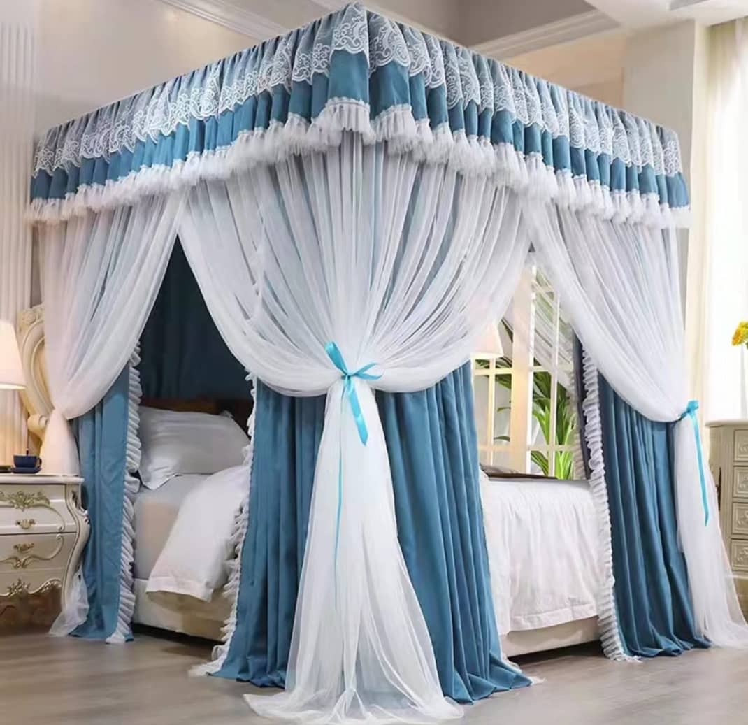  Blue & White Luxury 4-Poster Canopy Bed Curtains with Lace Trim and Sheer Drapes