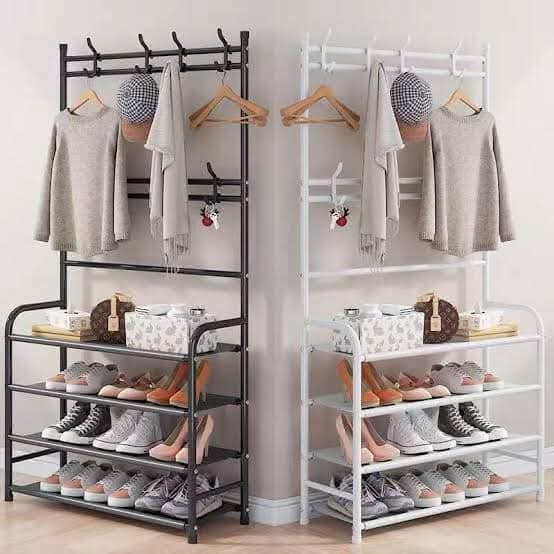  Double 5-Tier Shoe Rack & Coat Hanger Combo – Freestanding Storage Organizer (Black & White Set)