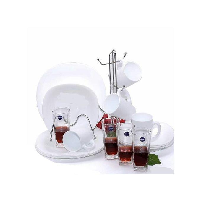 Luminarc 16 Piece Plain Design Plates, Cups, Glasses, Soup Bowls Dinner Set - White