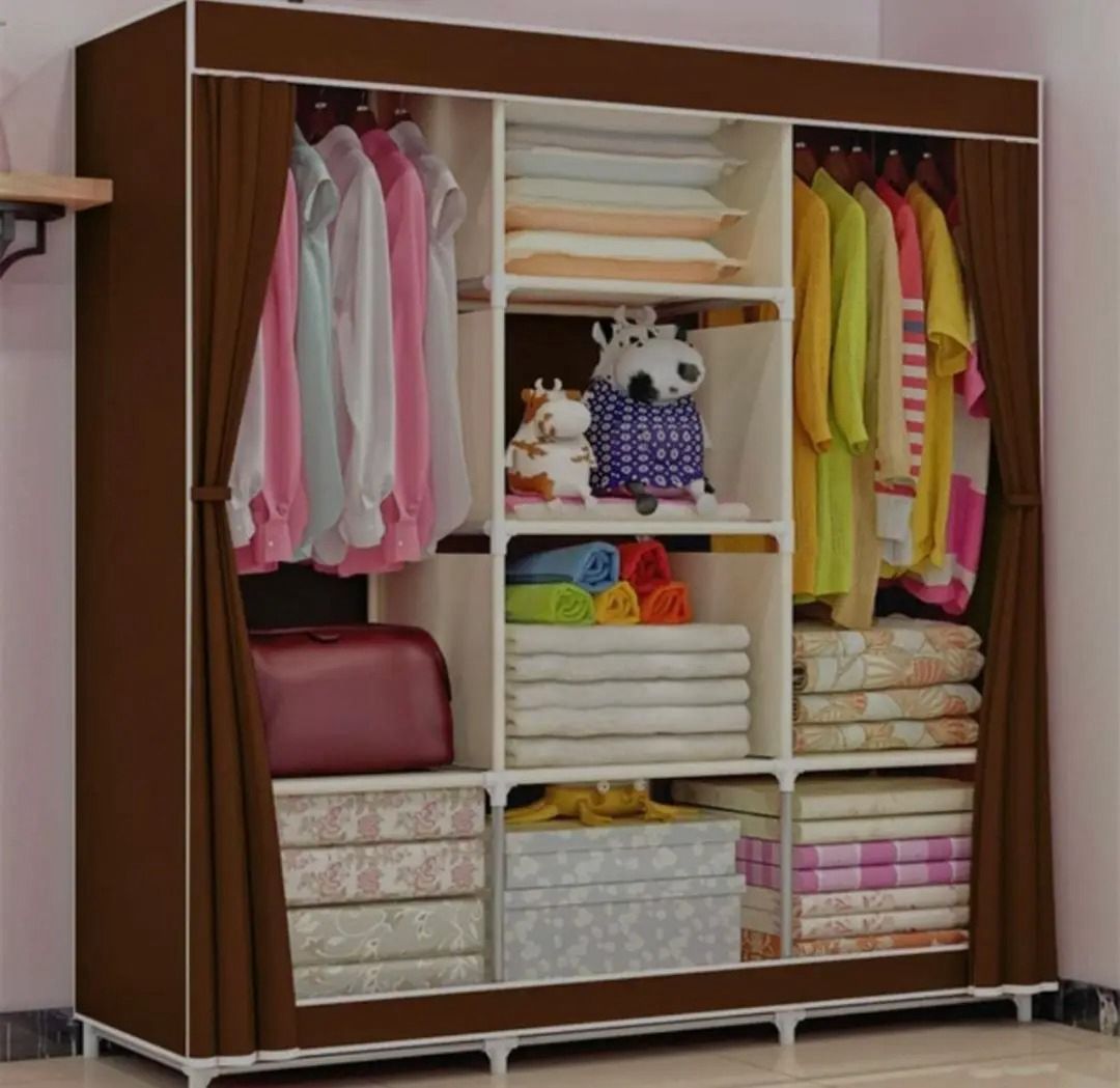  6-Shelf Portable Fabric Wardrobe with Dual Hanging Rods – Coffee Brown