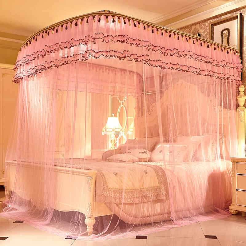 Royal Pink 4-Sided Bed Canopy – Elegant Mosquito Net with Ruffled Valance & Gold Trim