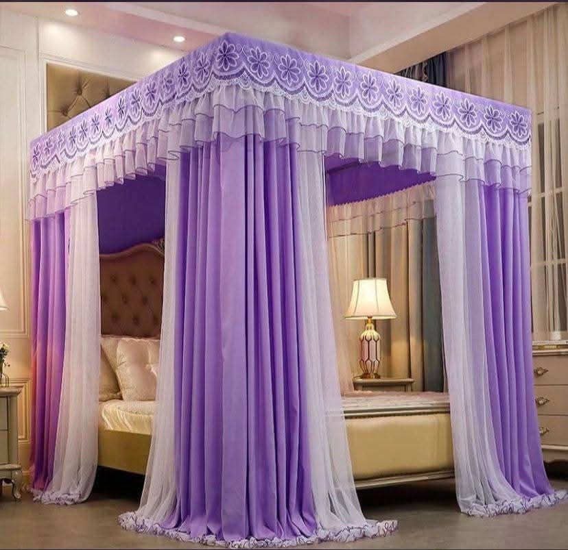  Purple Luxury 4-Poster Canopy Bed Curtains with Floral Embroidered Valance