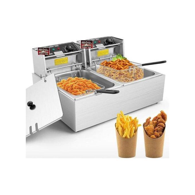 Double Electric Deep Fryer With Basket Commercial Deep Fryer Stainless Steel Dual Tank With Lid Adjustable Temperature Knob Oil Filtration For French Fries, Donuts, Chicken, Chips  thumbnail 2