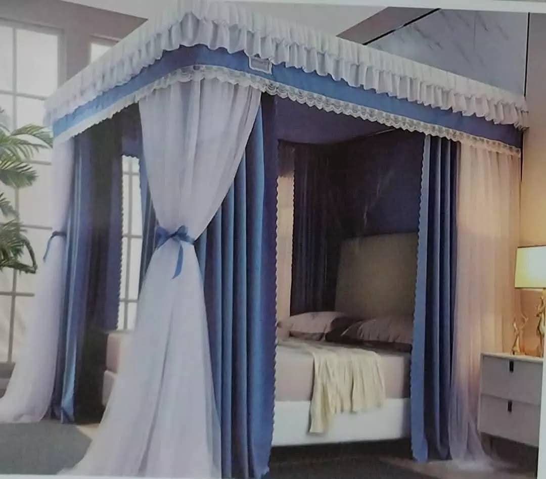  Navy Blue 4-Poster Canopy Bed Curtains with White Sheer Drapes & Ruffled Valance