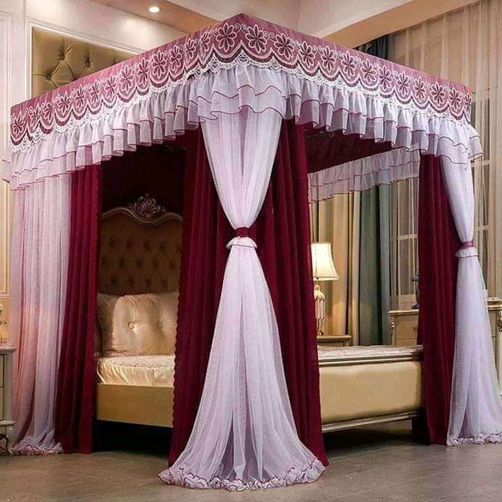  Deep Red Luxury 4-Poster Canopy Bed Curtains with Embroidered Floral Valance and Sheer Netting thumbnail 2