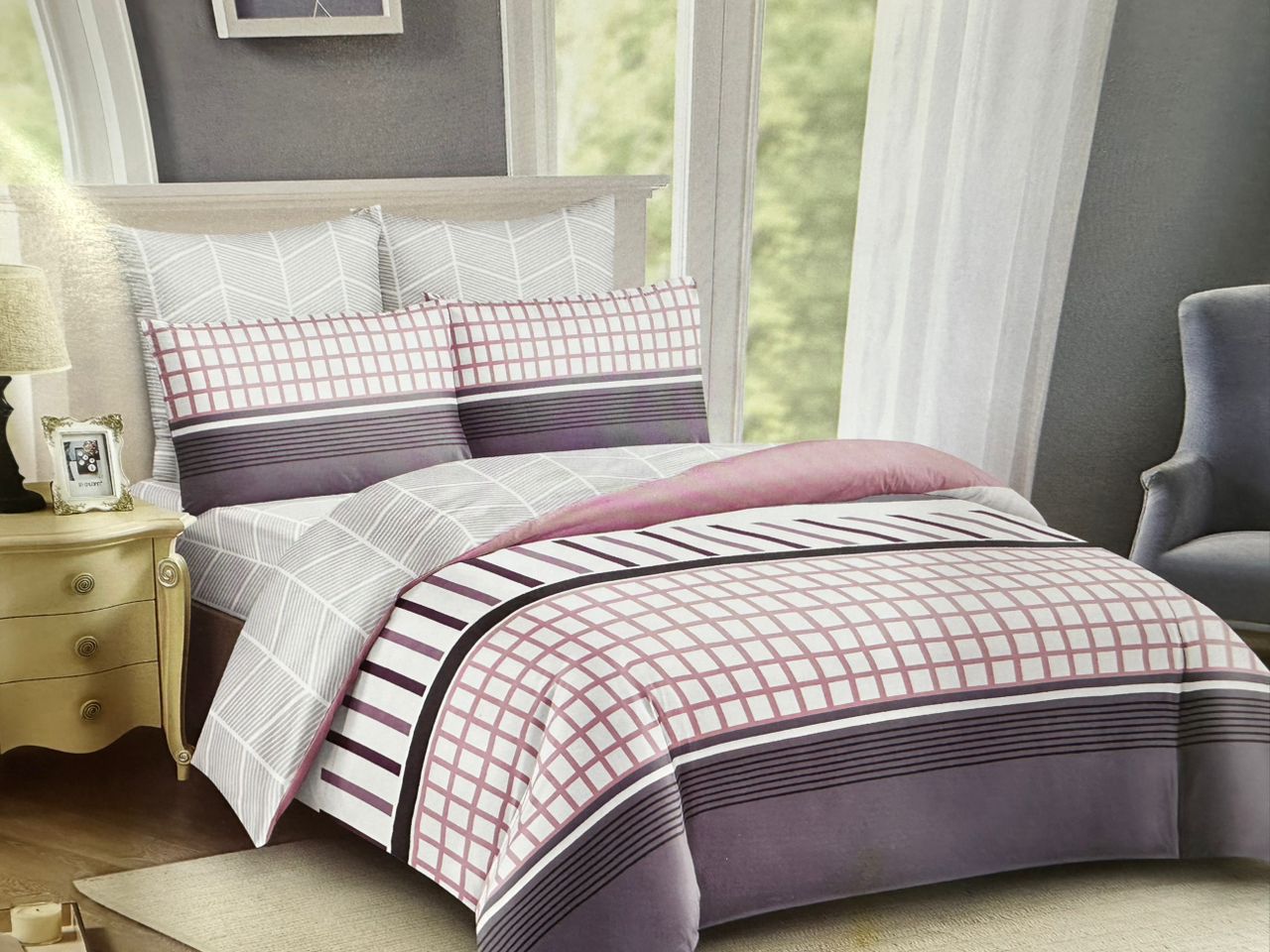 Modern Geometric Grid Duvet Cover Set – Queen Size (6-Piece Set)