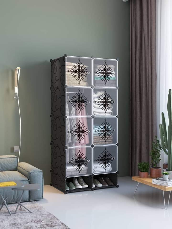  10-Cube Modular Wardrobe Cabinet with Hanging Section & Shoe Rack – Black Pattern